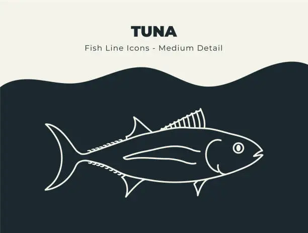 Vector illustration of Tuna Ocean and River Fish Line Icon Set. Dive into a Sea of Creativity with an Abundance of Fin-tastic Fish Stock Vectors, Offering a Bounty of Scales, Fins, and Aquatic Marine Life
