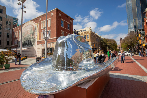 Fort Worth, Texas - November 4, 2023: The Disco Cowboy Hat in Sundance Plaza in Fort Worth at Main street.