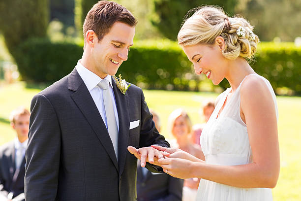 istock Bride Putting Wedding Ring On Groom's Finger During Ceremony 187183576