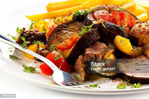 Kebab Grilled Meat French Fries And Vegetables Stock Photo - Download Image Now - Appetizer, Barbecue - Meal, Beef