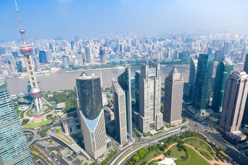 Financial district with skyline of Shanghai China