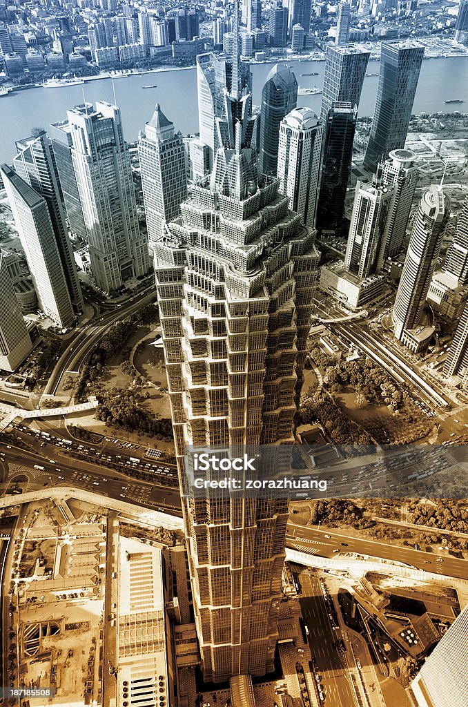 Shanghai Financial Center Aerial view of Shanghai Financial Center buildings. Jin Mao Tower Stock Photo