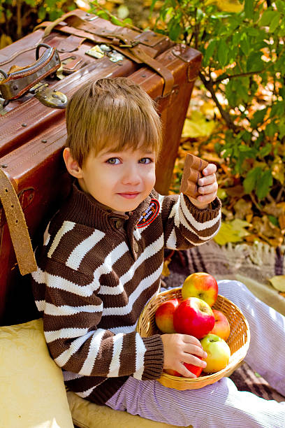 istock Little boy in autumn park with suitcase, chocolate and apples 187185541