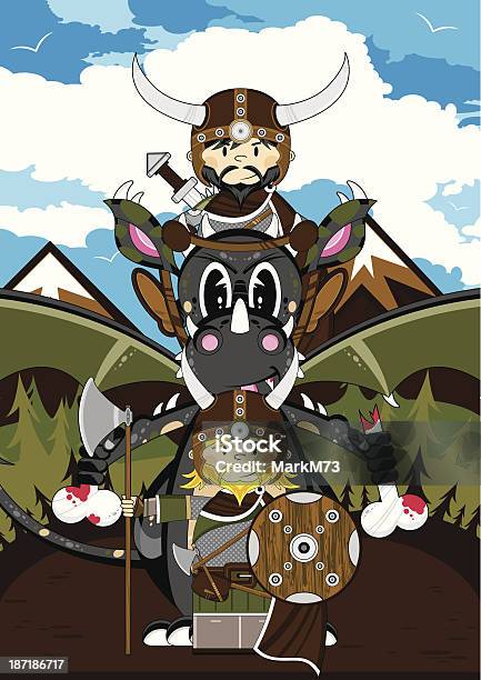 Mystique Dragon Et Viking Warriors Vecteurs libres de droits et plus d'images vectorielles de Aile d'animal - Aile d'animal, Armure intégrale, Cartoon