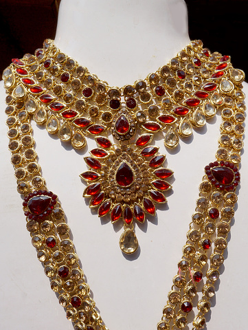 Close-up view of Indian woman traditional jewlry Necklace in shop display