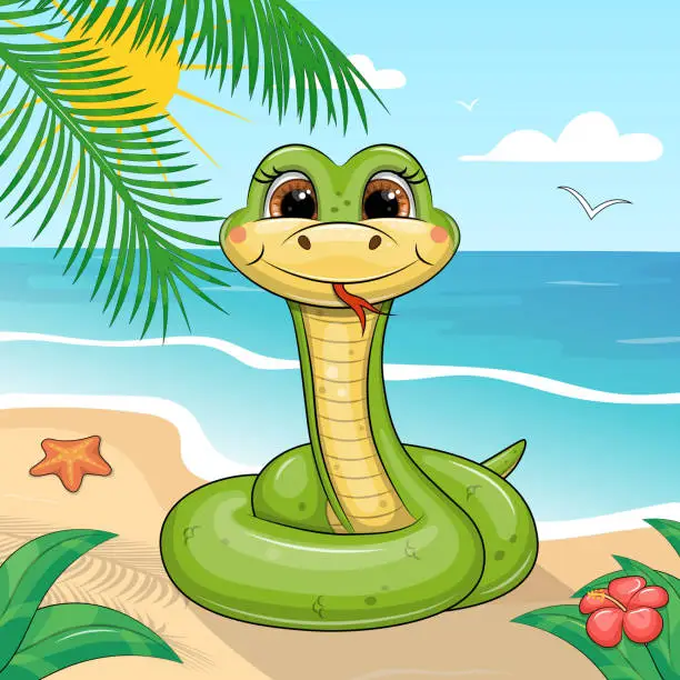 Vector illustration of Cute cartoon green snake on the beach.