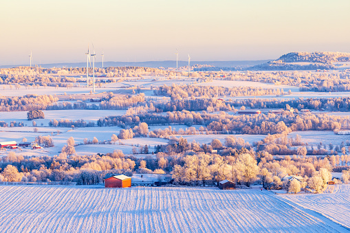 View at a cold rural landscape with snow and frost