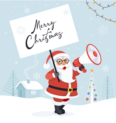 Santa Claus, wielding a megaphone, carrying a bag of gifts, spreading joy in a gentle snowfall. Wishing you a Merry Christmas and a Happy New Year! Web Banner.