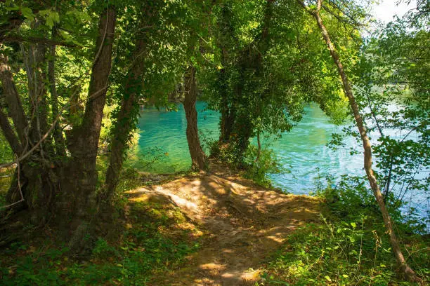 The River Una as it flows through Japod Islands, or Japodski Otoci, near Bihac in the Una National Park. Una-Sana Canton, Federation of Bosnia and Herzegovina