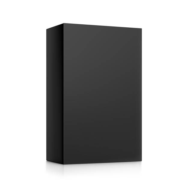 realistyczna makieta czarnego kartonu. - cardboard box white background paper closed stock illustrations