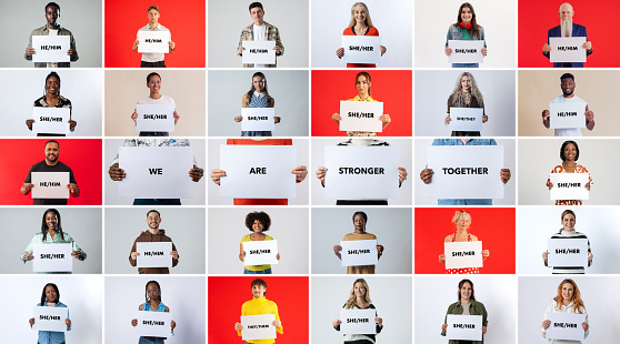 Image montage of a mix of adults holding a white sign with the text 'We Are Stronger Together. A diverse group of thirty individuals showing their pronouns on a card they are holding in front of them in a studio.