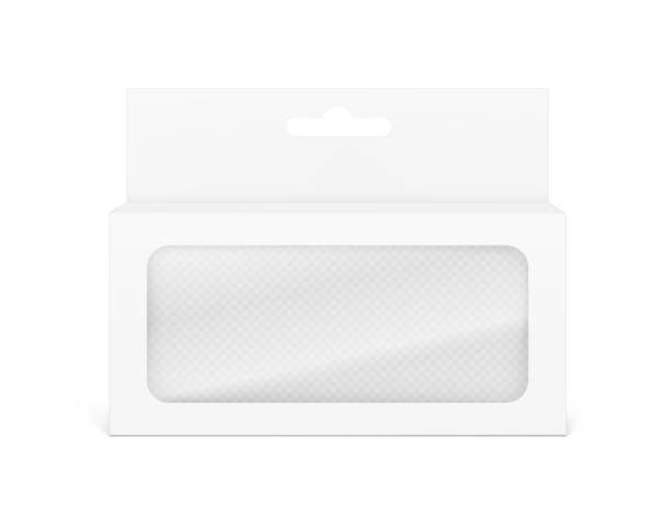 투명한 창과 걸림새 구멍이 있는 빈 판지 상자의 범용 모형. - cardboard box white background paper closed stock illustrations