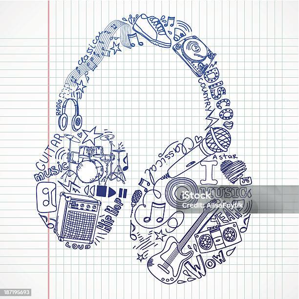 Musique Et Crayonnages En Forme De Loreillette Vecteurs libres de droits et plus d'images vectorielles de Adulte - Adulte, Amour, Boom box