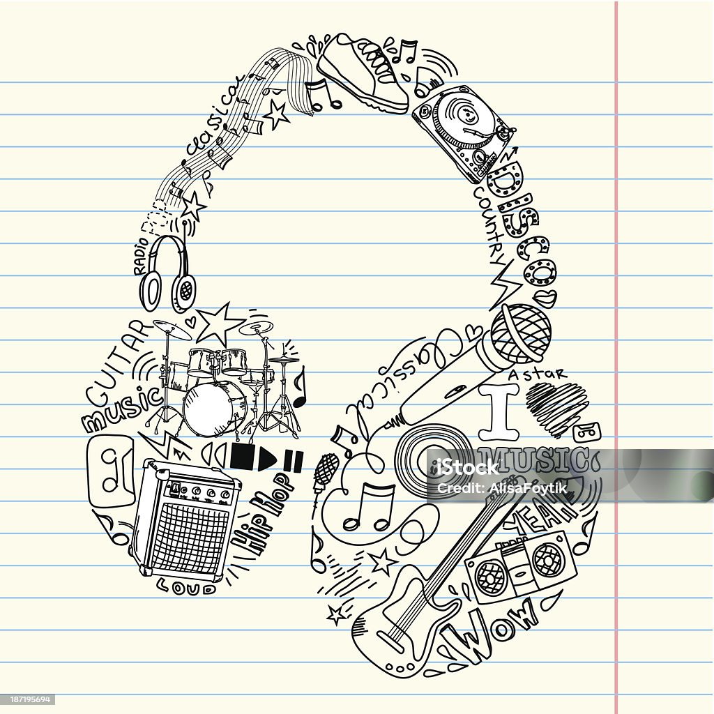 Muzyka doodles w kształcie słuchawki - Grafika wektorowa royalty-free (Bazgroły - Rysunek)