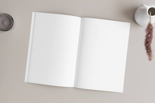 istock Open magazine mockup with a pampas on the beige table. 1871960129