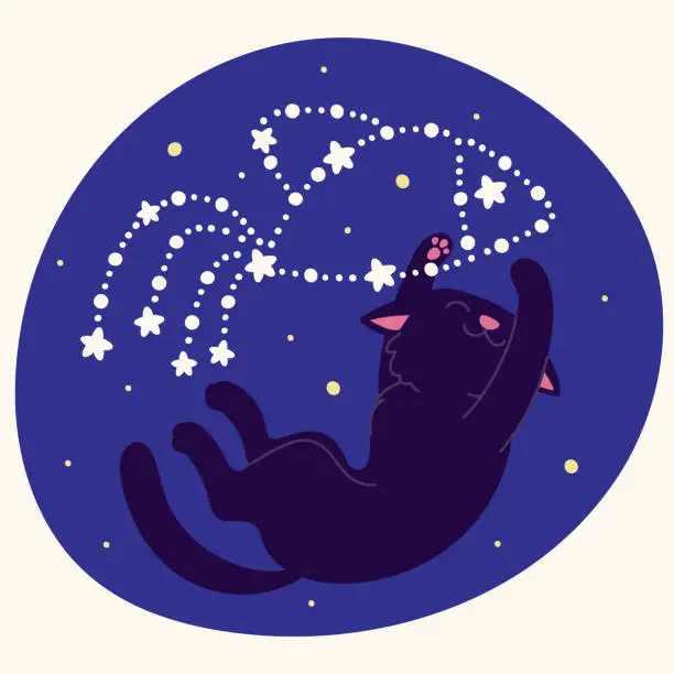 Vector illustration of A sticker with a cute black cat in space that catches a constellation in the shape of a fish.