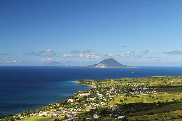 Sint Eustatius  and Saba Islands Caribbean seen from St Kitts The islands of Sint Eustatius(nearer) and Saba in the Eastern Caribbean seen from Fort Brimstone on St Kitts & Nevis, West Indies leeward dutch antilles stock pictures, royalty-free photos & images