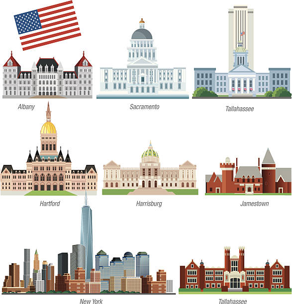 Graphic illustration of some of USA's historic buildings Vector USA Buildings tallahassee stock illustrations