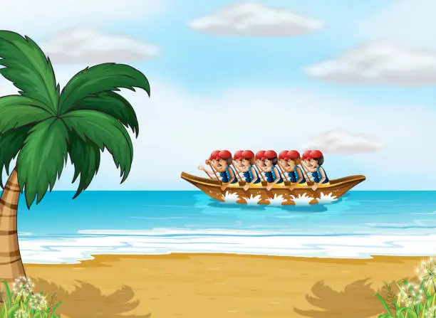 Vector illustration of group of men boating
