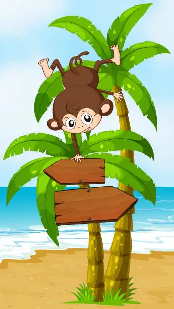 Vector illustration of playful monkey at the beach with an arrowboard