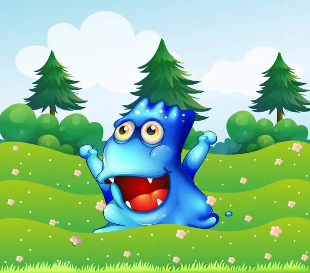 Vector illustration of happy blue monster near the pine trees