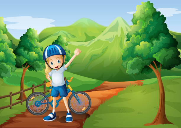 kleines mädchen und ihr fahrrad im pfad in der nähe von holz-zaun - women little girls teenage girls one person stock-grafiken, -clipart, -cartoons und -symbole