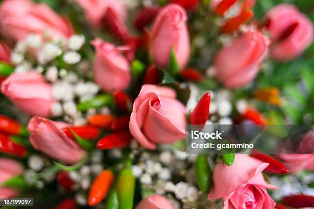 Flower Bouquet Pink Roses And Peppers Stock Photo - Download Image Now - Anniversary, Backgrounds, Bouquet