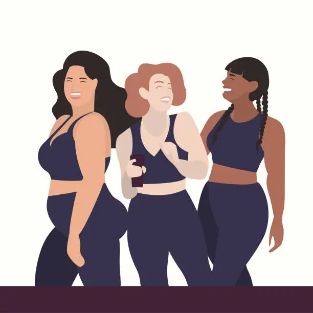 Vector illustration of Multiethnic group of healthy, beautiful, smiling, curvaceous woman in sportswear. Body positive. Sport banner.