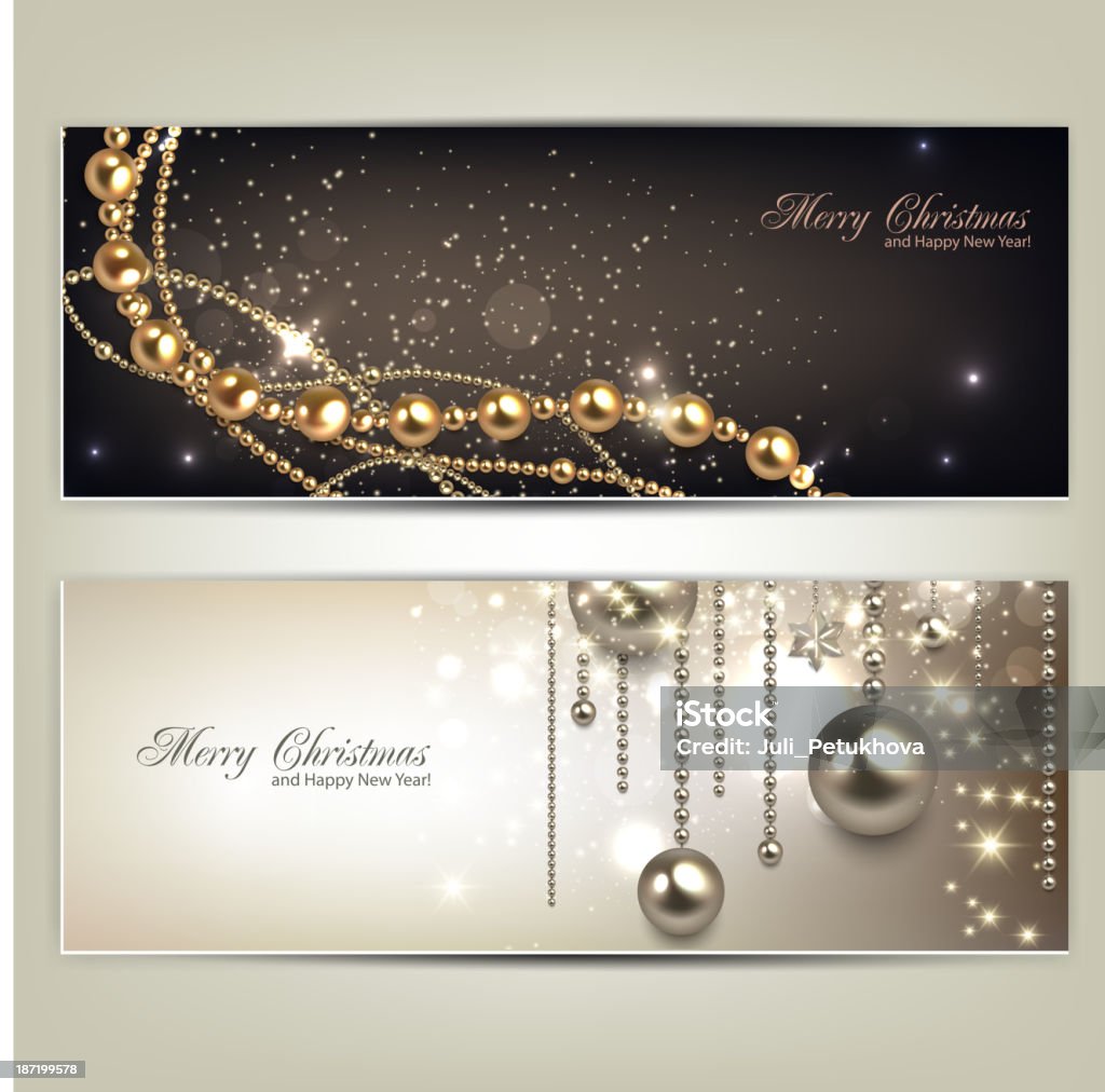 Elegantes banners com bolas para árvore de Natal dourada e estrelas. - Royalty-free A nevar arte vetorial