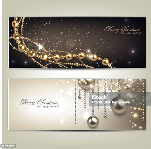 Elegantes Banners Com Bolas Para Árvore De Natal Dourada E Estrelas - Arte vetorial de stock e mais imagens de A nevar