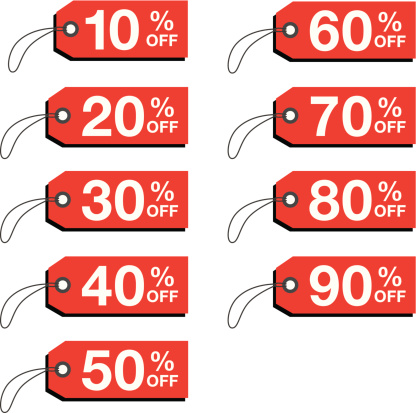 Vector illustration of red percent off tags ranging from 10% to 90%.