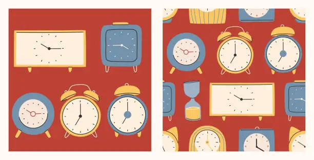 Vector illustration of Different types of watches in trendy style. Clock poster and pattern set. Fashionable modern hand-drawn style.Vector