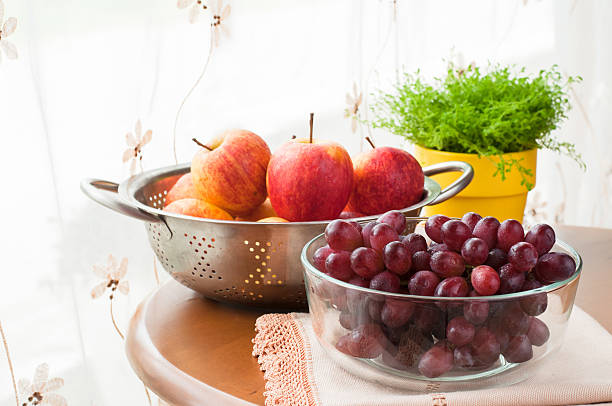 Autumn fresh fruits served on table. stock photo