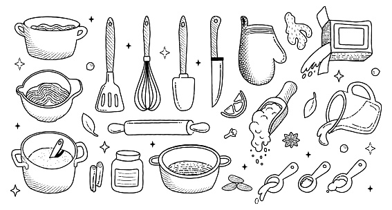 Kitchenware and Cook ingredients big icon set. Cookbook stickers, cute home menu. Cooking various meals set. Pots, loose ingredients, spoons and spatulas. Vector outline illustration.