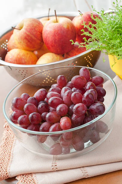 Autumn fresh fruits served on table. stock photo