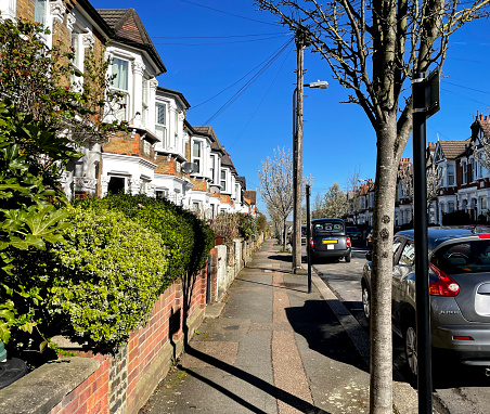 Residential street in Walthamstow, London on a sunny Spring day