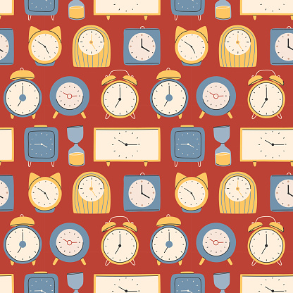 Different types of watches in trendy style. Clock poster,pattern set. Fashionable modern hand-drawn style.Vector.