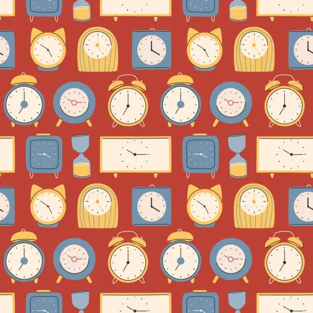 Vector illustration of Different types of watches in trendy style. Clock poster, pattern set. Fashionable modern hand-drawn style.Vector