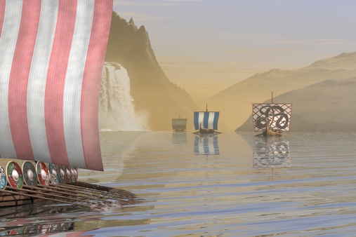Group of Viking Longships sailing out of a misty Norwegian Fjord, 3d digitally rendered illustration