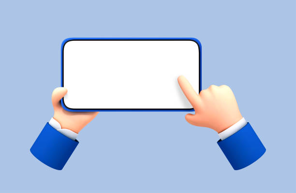 istock Smartphone in cartoon hand with blank white screen and forefinger touching it isolated on blue background. Hand using mobile phone mockup. Vector 3d illustration 1872037651