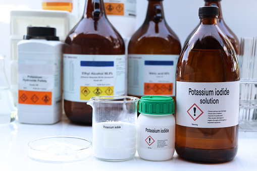 Potassium iodide in chemical container , chemical in the laboratory and industry, Raw materials used in production or analysis
