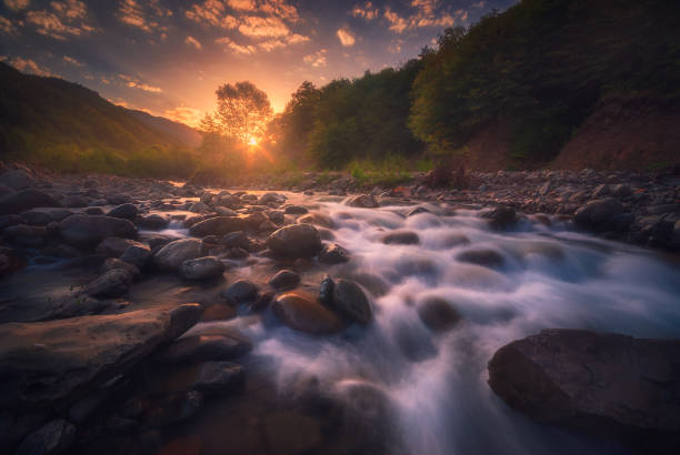 istock Beautiful sunny summer landscape. Fast flowing mountain river 1872044497