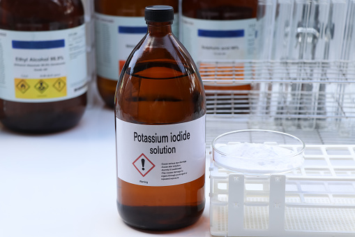 Potassium iodide in chemical container , chemical in the laboratory and industry, Raw materials used in production or analysis