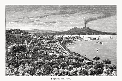 Historical aerial view of Naples, Italy. In the background the volcano Vesuvius. Wood engraving, published in 1894.