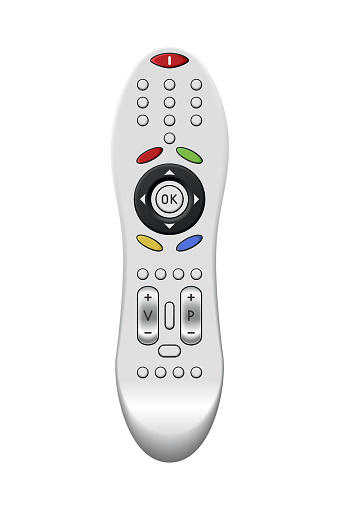 Tv remote control design with buttons. Wireless power media device to switch channel programmes remotely. Universal controller of technology equipment, isolated vector illustration.