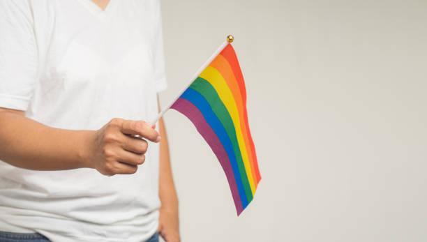 istock Close-up of a hand holding a rainbow flag while standing on a gray background. 1872052065