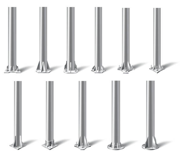 istock Metal pole pillars set. Steel pipes bolted on different base. Steel vertical cylinder footings for road sign, banner, billboard, isolated on white background. Vector illustration 1872052605