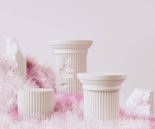 istock 3d rendering object placement mockup background. Antique columns among fantastic pink and white grass for product packaging presentation. 1872053761