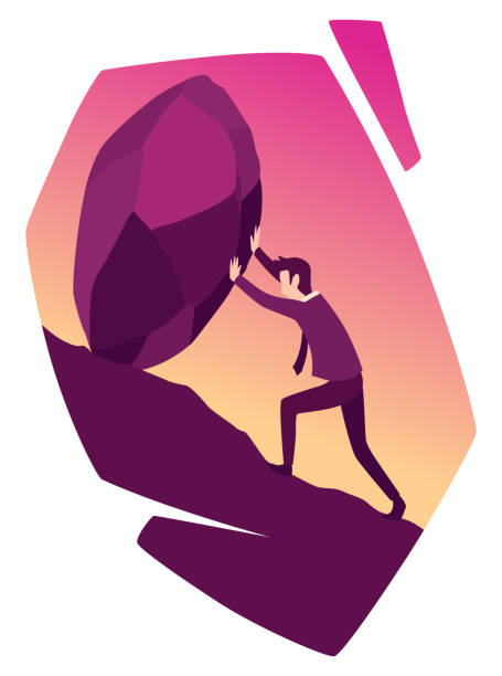 istock Businessman with boulder vector illustration. Unhappy person push rock or boulder suffer with overwork and responsibility. Crisis problem of business people, burden, challenge, conquering concept 1872061877