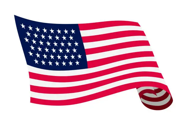 Vector illustration of Waving flag. American flag on white background. National flag waving symbol. Banner design element